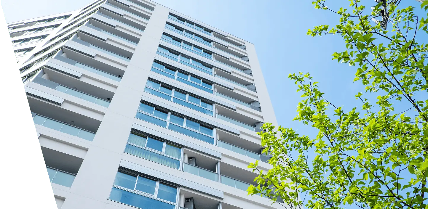 高層マンションを見上げた構図の写真で、青空と新緑の木が映り込んだ清潔感のある外観が印象的